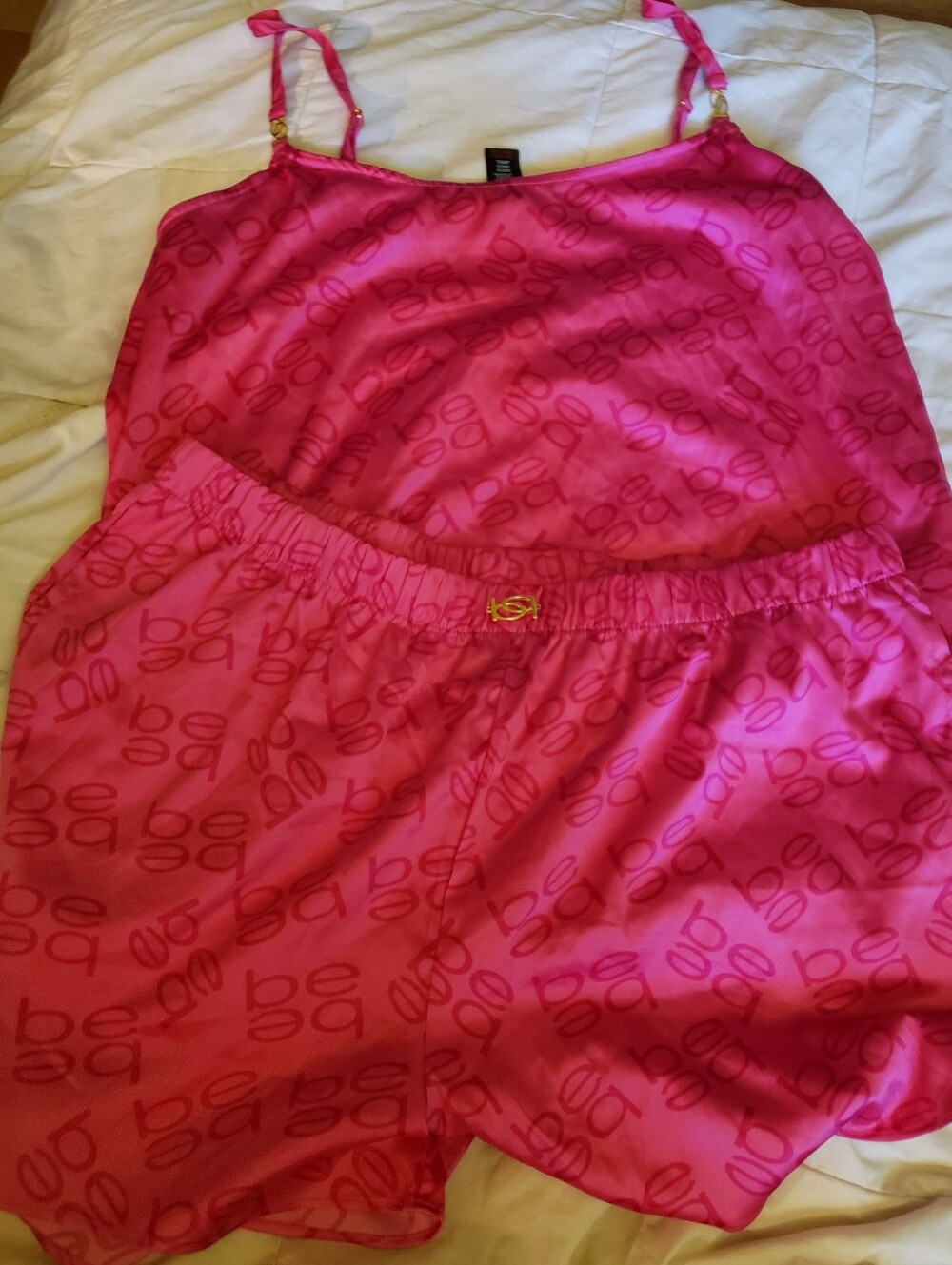 Pink Satin Pajama Set with Bebe Monogram Print NWOT